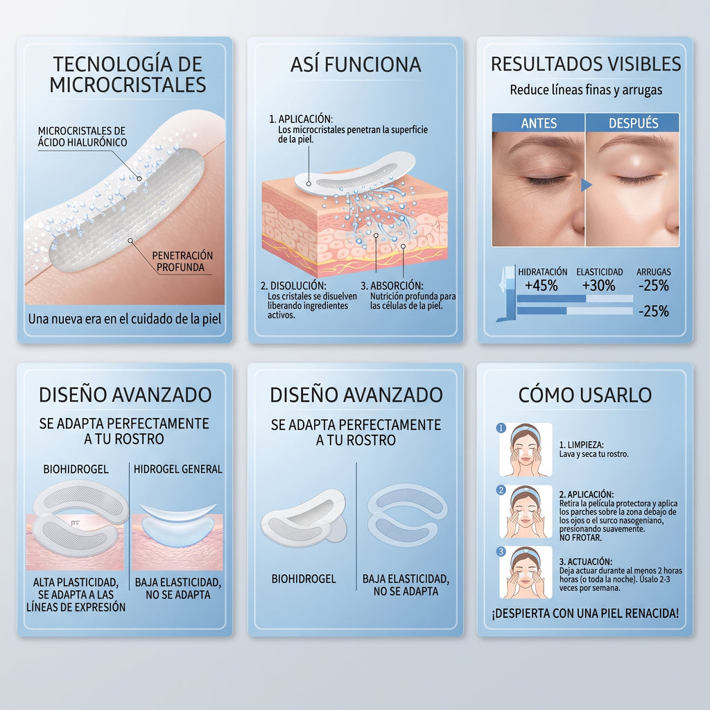 Parche facial antiarrugas con microagujas de ácido hialurónico para ojos